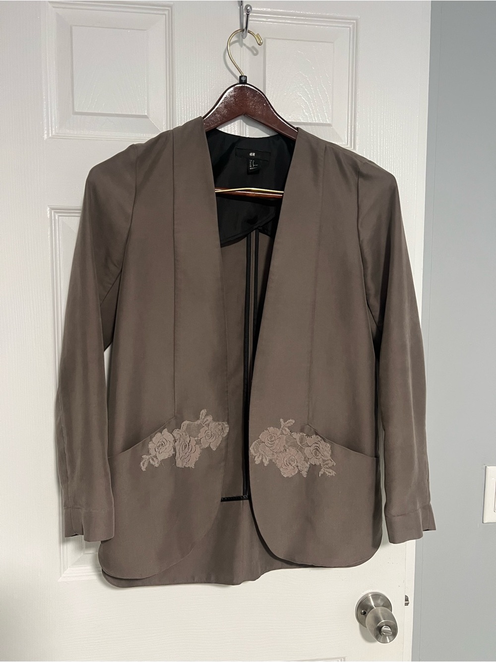 H&M Taupe Embroidered Open-Front Blazer